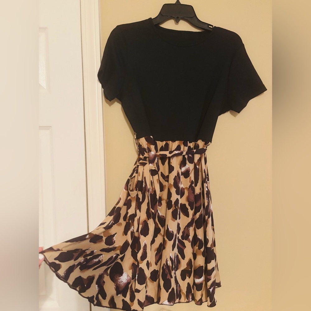 Black Top with Leopard Print Skirt Dress